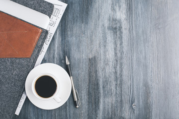 Wooden desktop with coffee