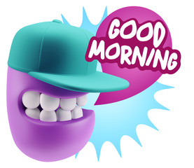 3d Rendering Smile Character Emoticon Expression saying Good Mor