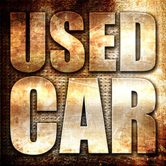 used car, 3D rendering, metal text on rust background