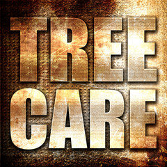 tree care, 3D rendering, metal text on rust background