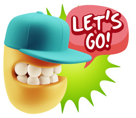 3d Rendering Smile Character Emoticon Expression saying Let'S Go