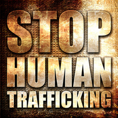 stop human trafficking, 3D rendering, metal text on rust backgro