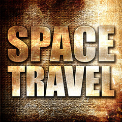 space travel, 3D rendering, metal text on rust background