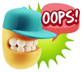 3d Rendering Smile Character Emoticon Expression saying Oops wit