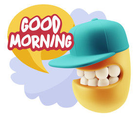 3d Rendering Smile Character Emoticon Expression saying Good Mor