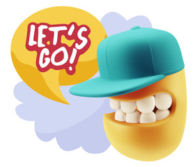 3d Rendering Smile Character Emoticon Expression saying Let'S Go