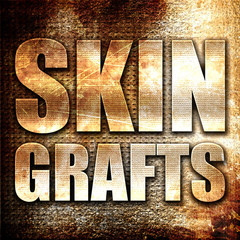 skin grafts, 3D rendering, metal text on rust background