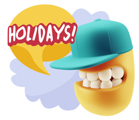 3d Rendering Smile Character Emoticon Expression saying Holidays