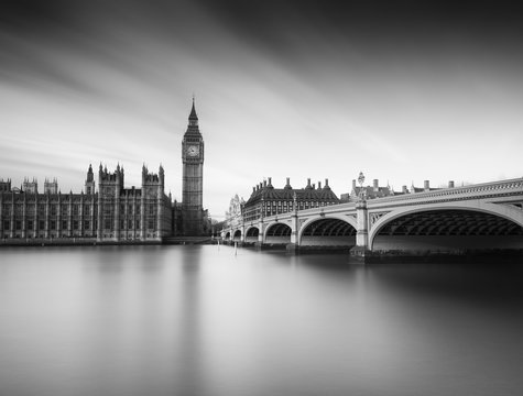 B&W Photo of Big Ben, Westminster Bridge and the Houses of Parliament