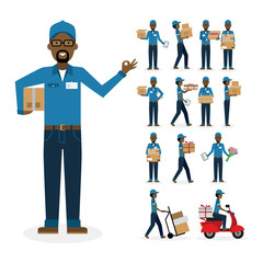 African american postman set. Isolated african american cartoon character. White background. Driver boxes clipboard pizza gift and more