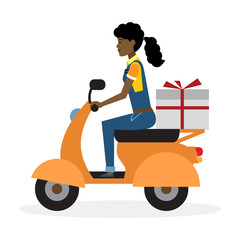 Delivery woman on scooter. Fast transportation. Isolated african american cartoon character on white background. Postwoman, courier with parcel on motorbike.