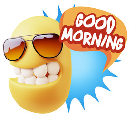 3d Rendering Smile Character Emoticon Expression saying Good Mor