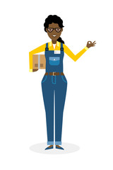 Delivery woman with parcel and ok gesture. Fast transportation. Isolated african american cartoon character on white background. Postwoman, courier with package and ok.