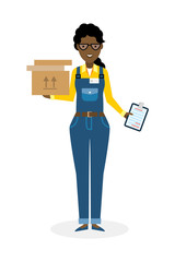 Delivery woman with parcel. Fast transportation. Isolated african american cartoon character on white background. Postwoman, courier with clipboard and package.