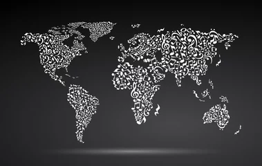 Weltkarte aus Notizen auf schwarzem Hintergrund. Muster mit weißen Notizen. Schwarz-Weiß-Design. Kartenform. Plakatidee. © inspiring.team