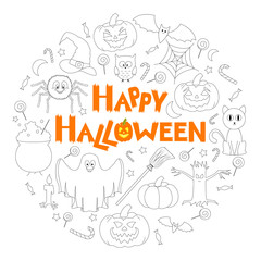 Set of Flat Halloween Icons in the Form of Circle with Congratulations. Vector Illustration.