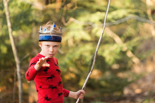 Young boy, outdoors, wearing crown, holding stick