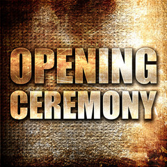 opening ceremony, 3D rendering, metal text on rust background