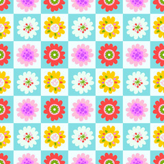 Colorful abstract flowers seamless pattern with blue white checkerboard tile background. Vector illustration for textiles, home decor, wallpapers design