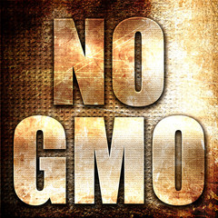 no gmo, 3D rendering, metal text on rust background