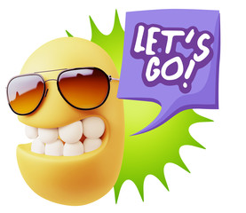 3d Rendering Smile Character Emoticon Expression saying Let'S Go