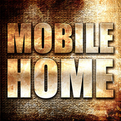 mobile home, 3D rendering, metal text on rust background
