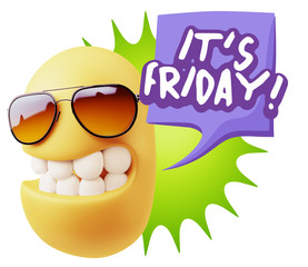 3d Rendering Smile Character Emoticon Expression saying It's Fri