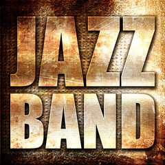 jazz band, 3D rendering, metal text on rust background