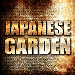 japanese garden, 3D rendering, metal text on rust background