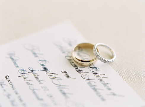 Wedding rings on wedding invitation