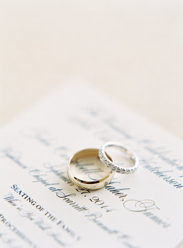 Wedding rings on wedding invitation