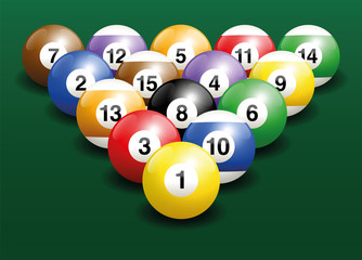 Billiard balls start position. Three-dimensional vector illustration on green gradient background.