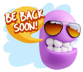 3d Rendering Smile Character Emoticon Expression saying Be Back