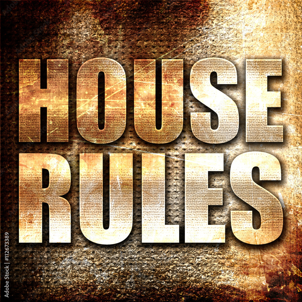 Sticker house rules, 3d rendering, metal text on rust background