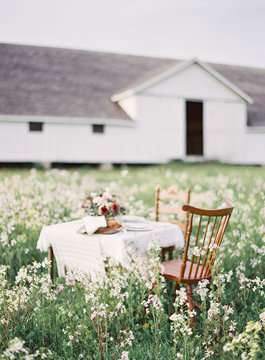 Table and chair in meadow with building in background