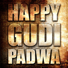happy gudi padwa, 3D rendering, metal text on rust background