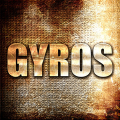 Gyros, 3D rendering, metal text on rust background