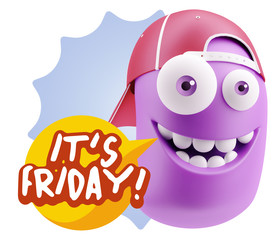 3d Rendering Smile Character Emoticon Expression saying It's Fri