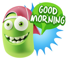 3d Rendering Smile Character Emoticon Expression saying Good Mor