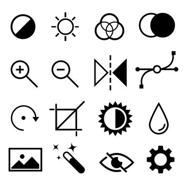 Set of flat black and white editing icons. Contrast, brightness, hue, color, filter, curve, levels symbols.