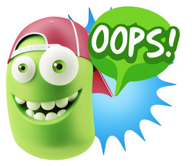 3d Rendering Smile Character Emoticon Expression saying Oops wit