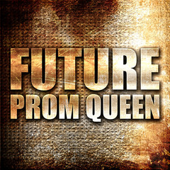 prom queen, 3D rendering, metal text on rust background