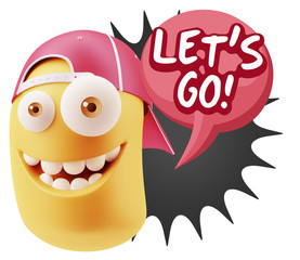 3d Rendering Smile Character Emoticon Expression saying Let'S Go