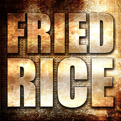 fried rice, 3D rendering, metal text on rust background