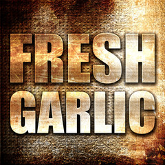 fresh garlic, 3D rendering, metal text on rust background