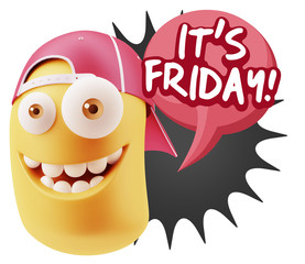 3d Rendering Smile Character Emoticon Expression saying It's Fri