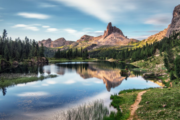 Lake by rocky mountains
