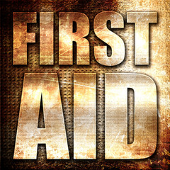 first aid, 3D rendering, metal text on rust background