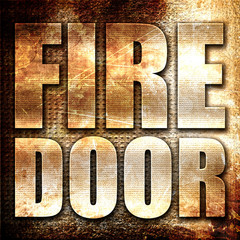 fire door, 3D rendering, metal text on rust background