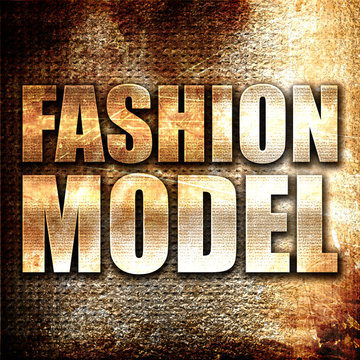 fashion model, 3D rendering, metal text on rust background